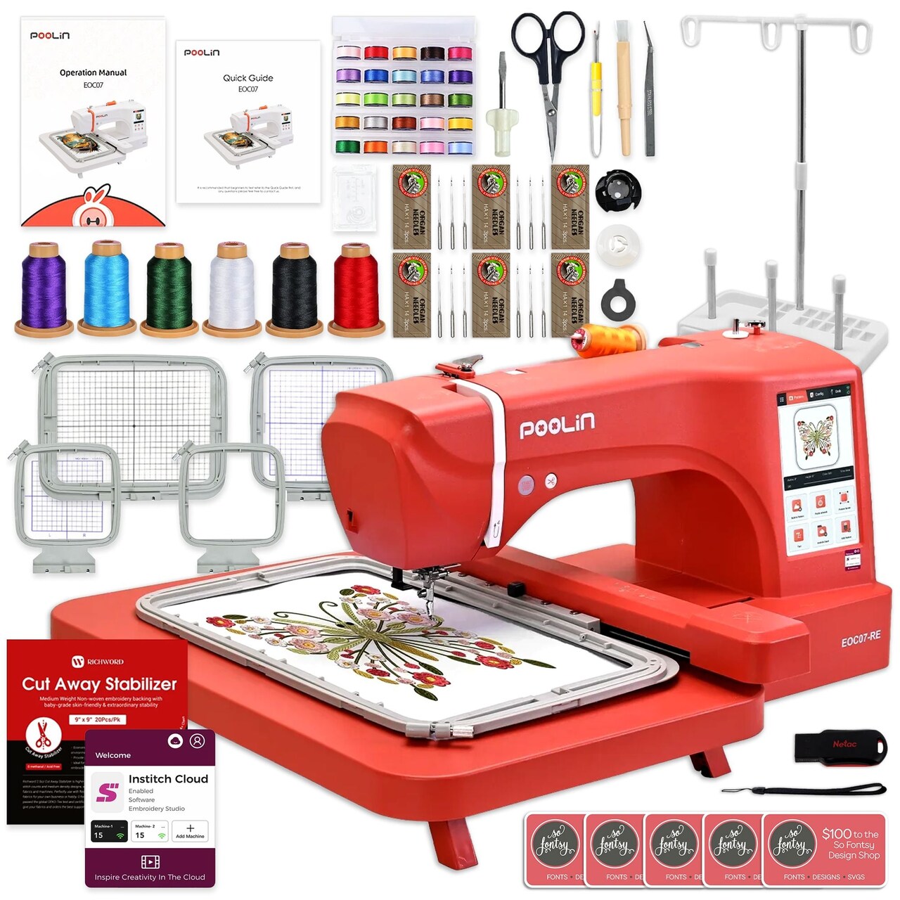 POOLIN EOC07 7.9in x 15in Hoop Area Computerized Embroidery Machine - Red